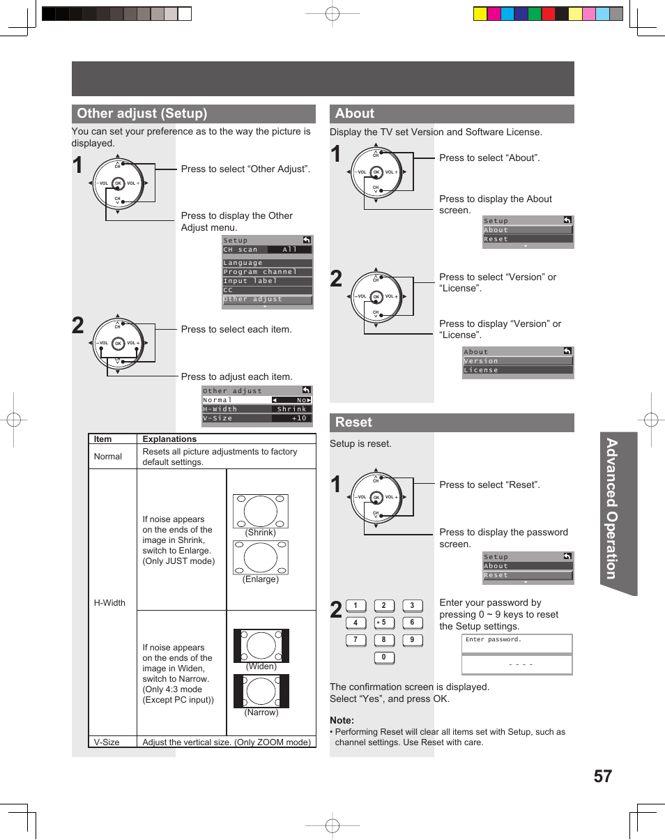 Advanced op er a tion, Other adjust (setup) about reset | Panasonic PT-52LCX15 User Manual | Page 57 / 80