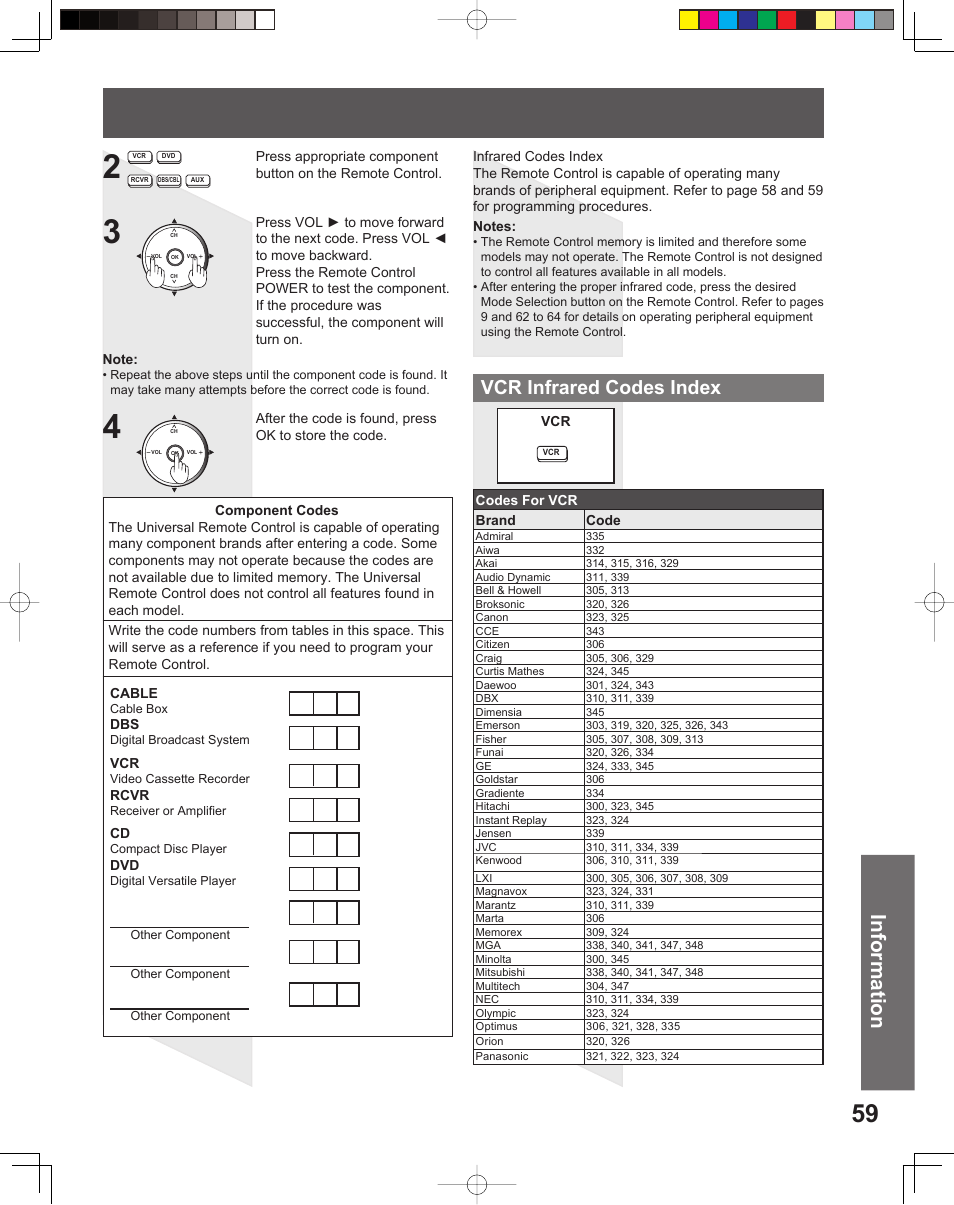 Information, Vcr infrared codes index | Panasonic PT-52LCX15 User Manual | Page 59 / 80