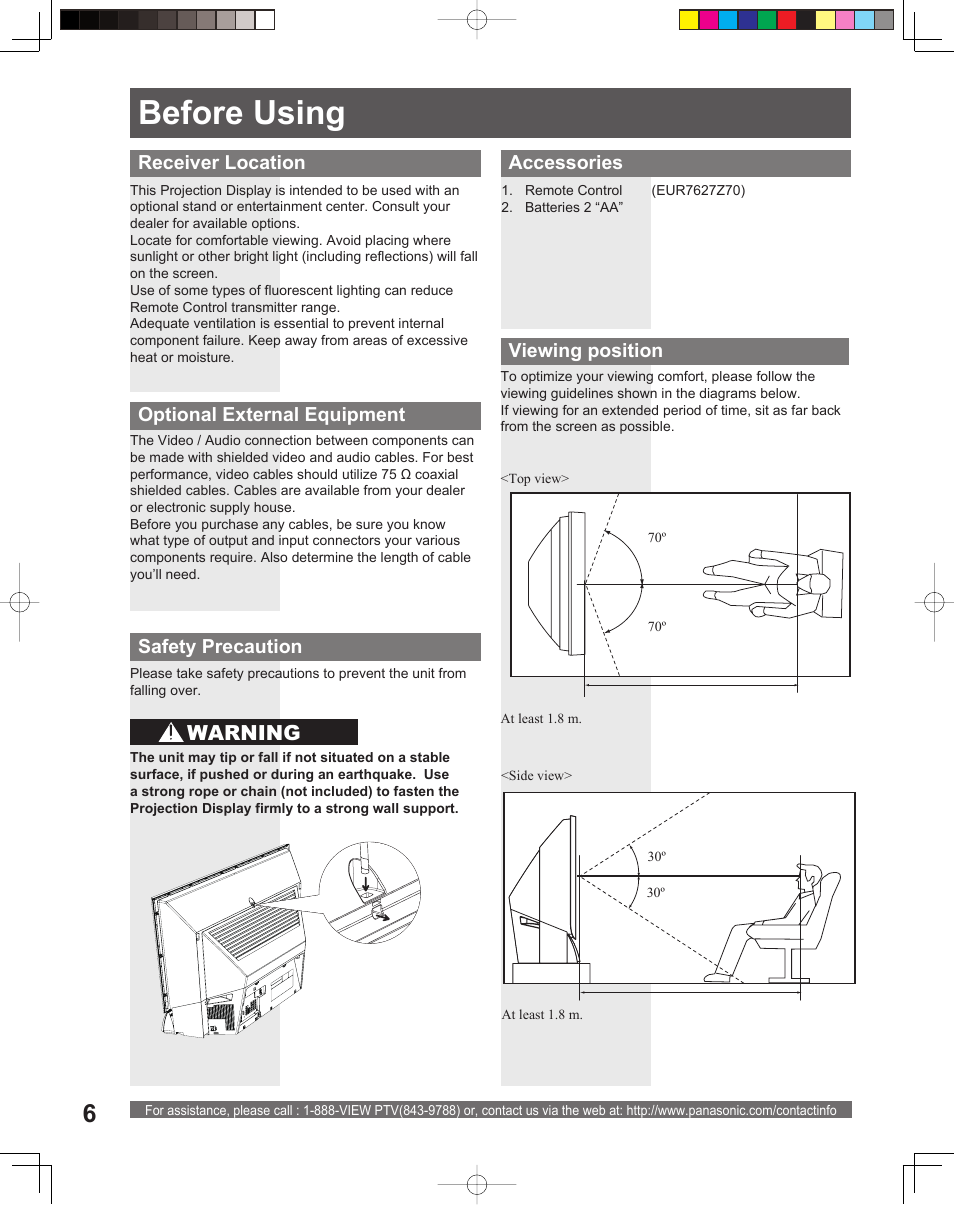 Before using, Warning | Panasonic PT-52LCX15 User Manual | Page 6 / 80