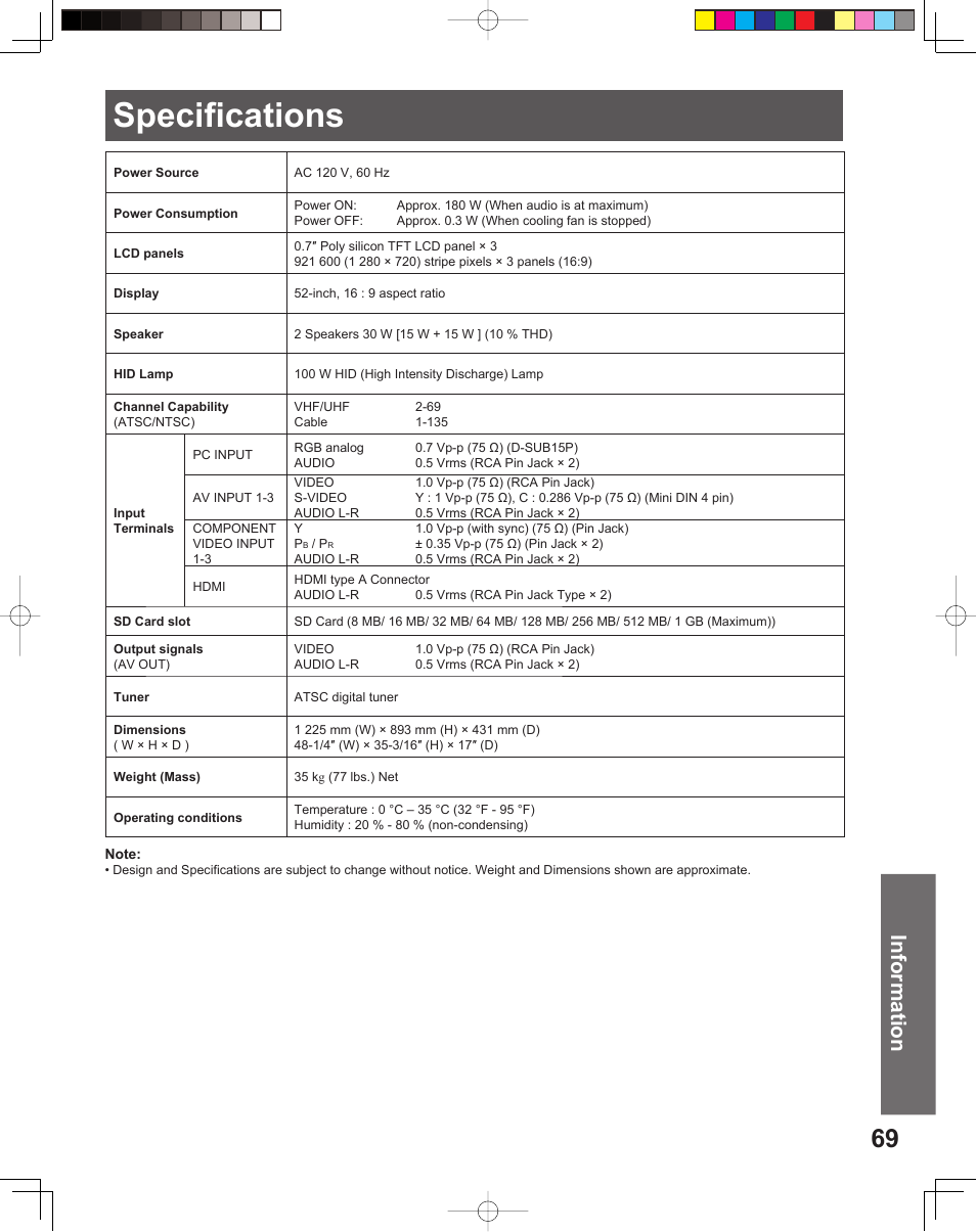 Specifications, Information | Panasonic PT-52LCX15 User Manual | Page 69 / 80