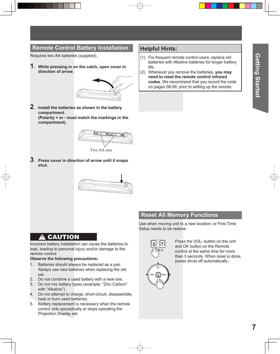 Getting start ed, Caution, Remote control battery installation | Helpful hints | Panasonic PT-52LCX15 User Manual | Page 7 / 80