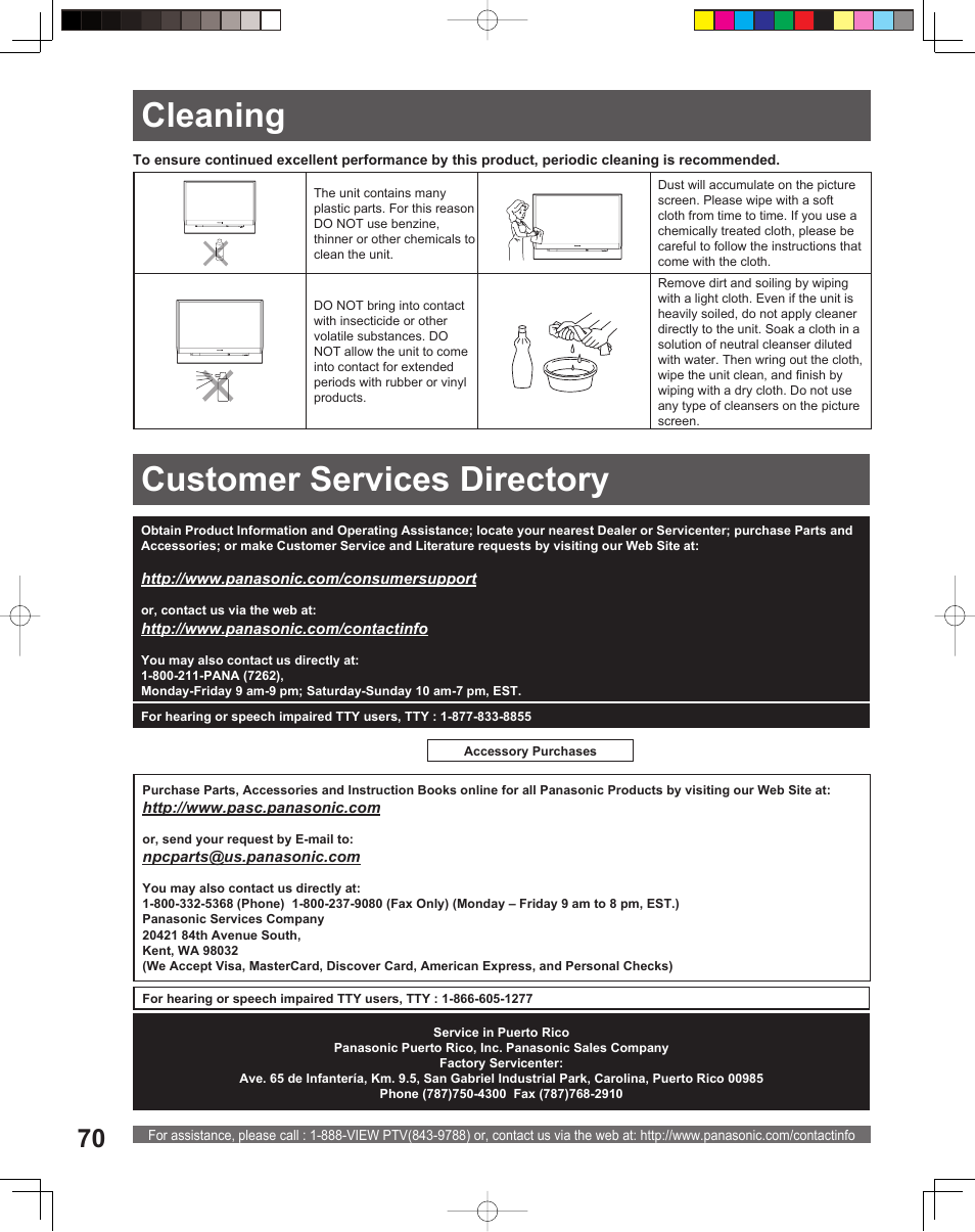 Cleaning, Customer services directory, Cleaning customer services directory | Panasonic PT-52LCX15 User Manual | Page 70 / 80