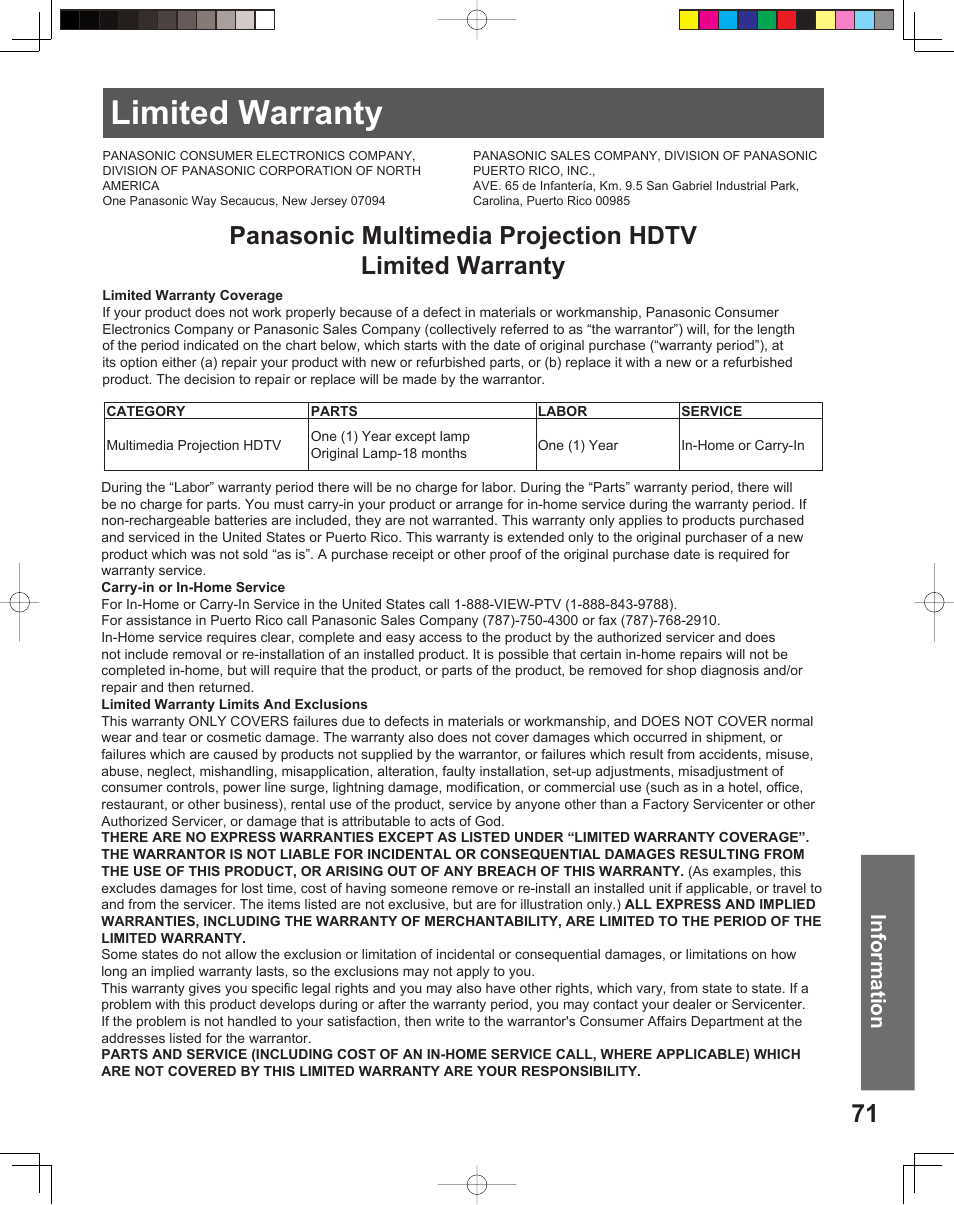 Limited warranty | Panasonic PT-52LCX15 User Manual | Page 71 / 80