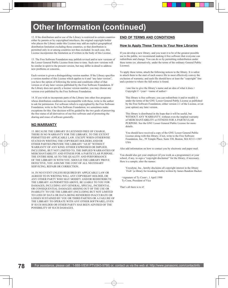 Other information (continued) | Panasonic PT-52LCX15 User Manual | Page 78 / 80