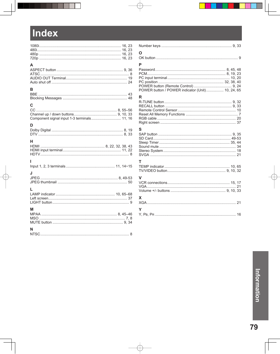 Index, Information | Panasonic PT-52LCX15 User Manual | Page 79 / 80