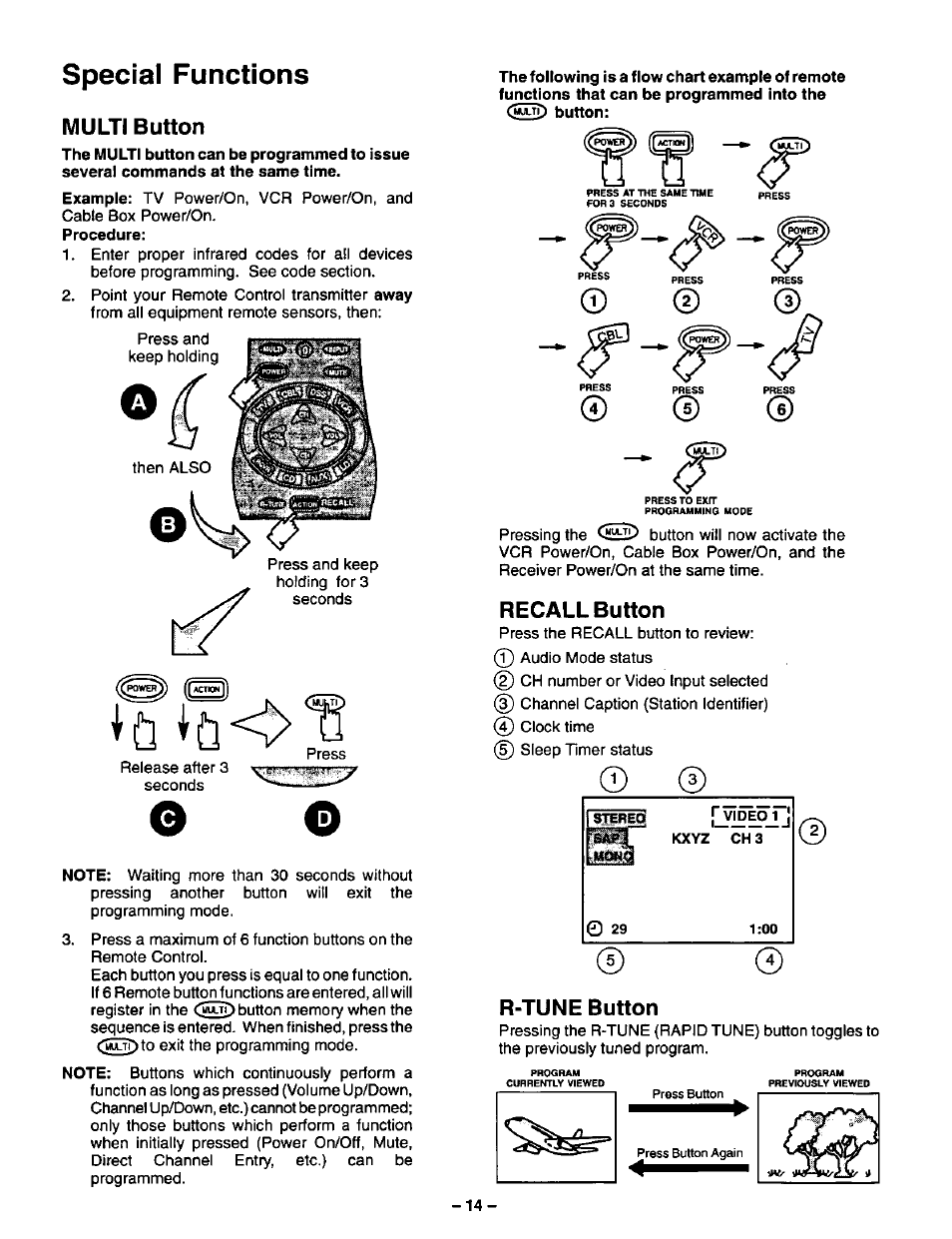 Special functions, Multi button, Recall button | R-tune button, Multi button recall button, Special functions multi button | Panasonic CT-36VG50 User Manual | Page 15 / 55