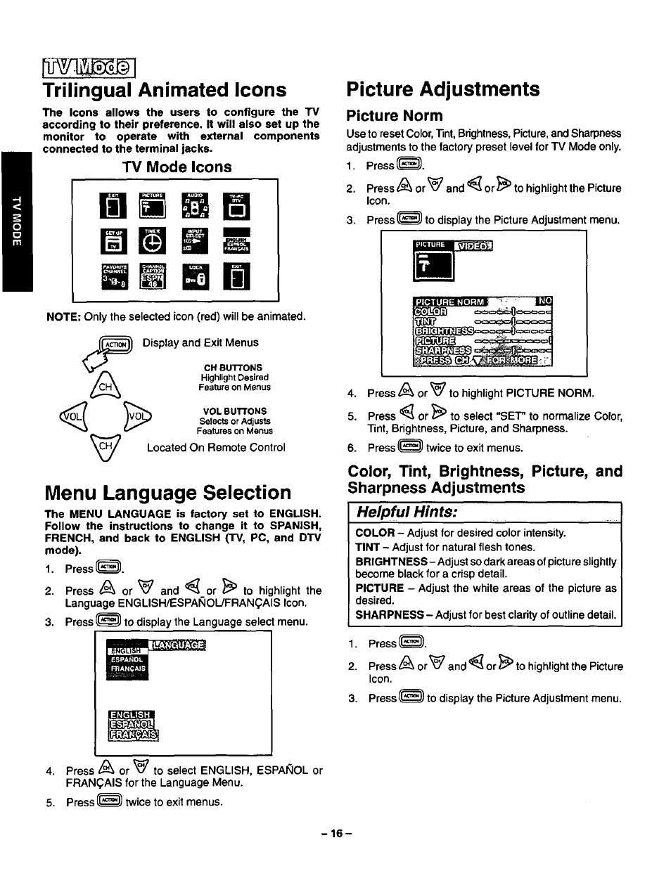 Trilingual animated icons, Tv mode icons, Menu language selection | Picture adjustments, Picture norm, Menu language selection picture adjustments, Picture adjustments picture norm, Helpful hints | Panasonic CT-36VG50 User Manual | Page 17 / 55