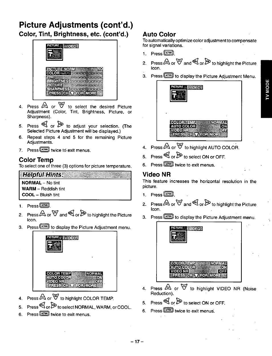 Picture adjustments (cont’d.), Color, tint, brightness, etc. (cont’d.), Color temp | Auto color, Video nr, Color temp auto color, Ifilellifùrhints | Panasonic CT-36VG50 User Manual | Page 18 / 55