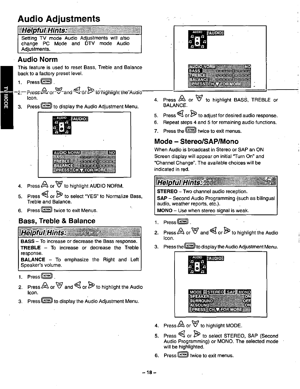 Audio adjustments, Audio norm, Bass, treble & balance | Mode - stereo/sap/mono, Bass, treble and balance mode - stereo/sap/mono, Meimuimints, Imipfui hints, Ihelpfulshintsr | Panasonic CT-36VG50 User Manual | Page 19 / 55