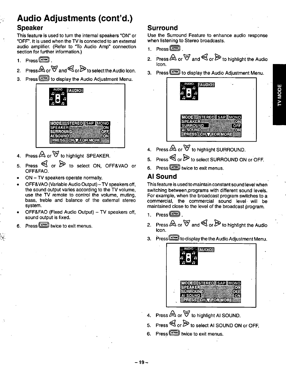 Audio adjustments (cont’d.), Speaker, Surround | Al sound | Panasonic CT-36VG50 User Manual | Page 20 / 55