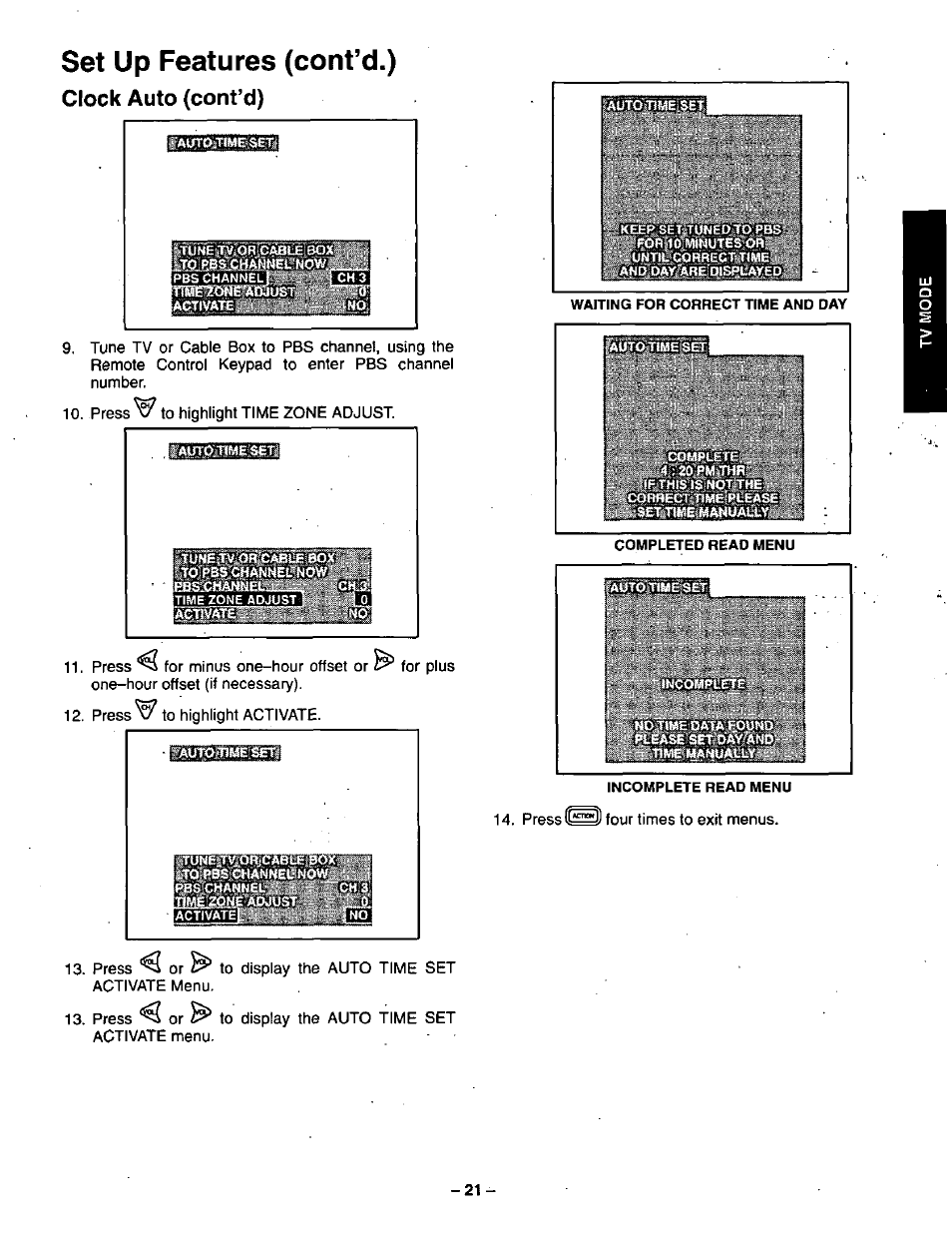 Set up features (cont’d.), Clock auto (cont’d) | Panasonic CT-36VG50 User Manual | Page 22 / 55