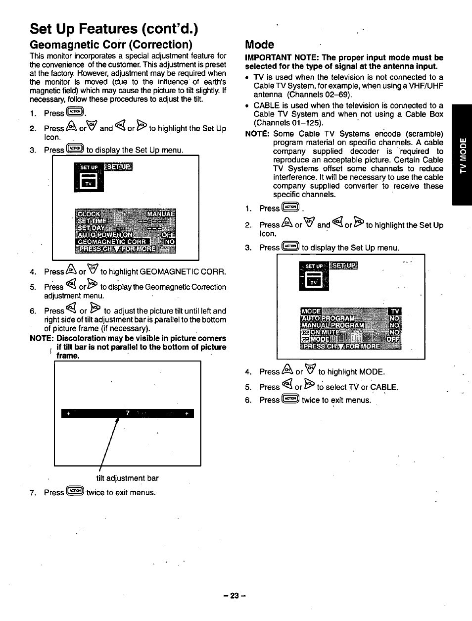 Geomagnetic corr (correction), Mode, Set up features (cont’d.) | Panasonic CT-36VG50 User Manual | Page 24 / 55