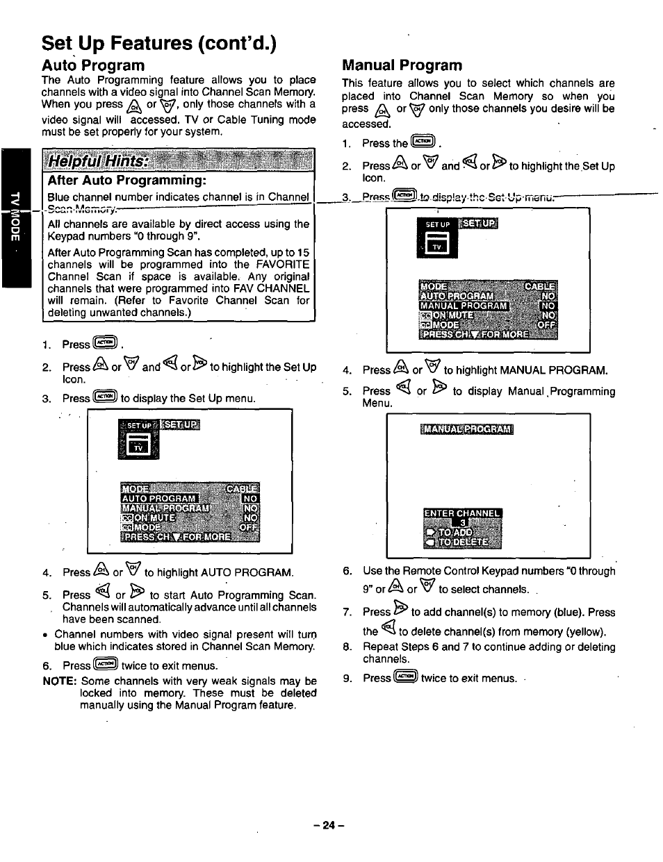 Auto program, Manual program, Set up features (cont’d.) | Panasonic CT-36VG50 User Manual | Page 25 / 55