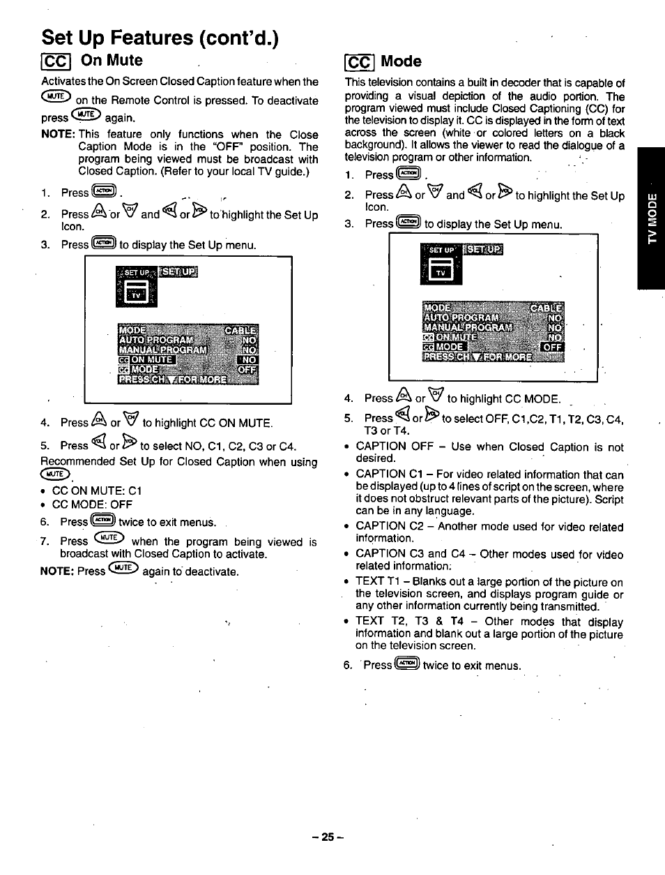 Set up features (cont’d.), Ccl on mute, Set up features (cont’d.) ccl on mute | Cc mode | Panasonic CT-36VG50 User Manual | Page 26 / 55