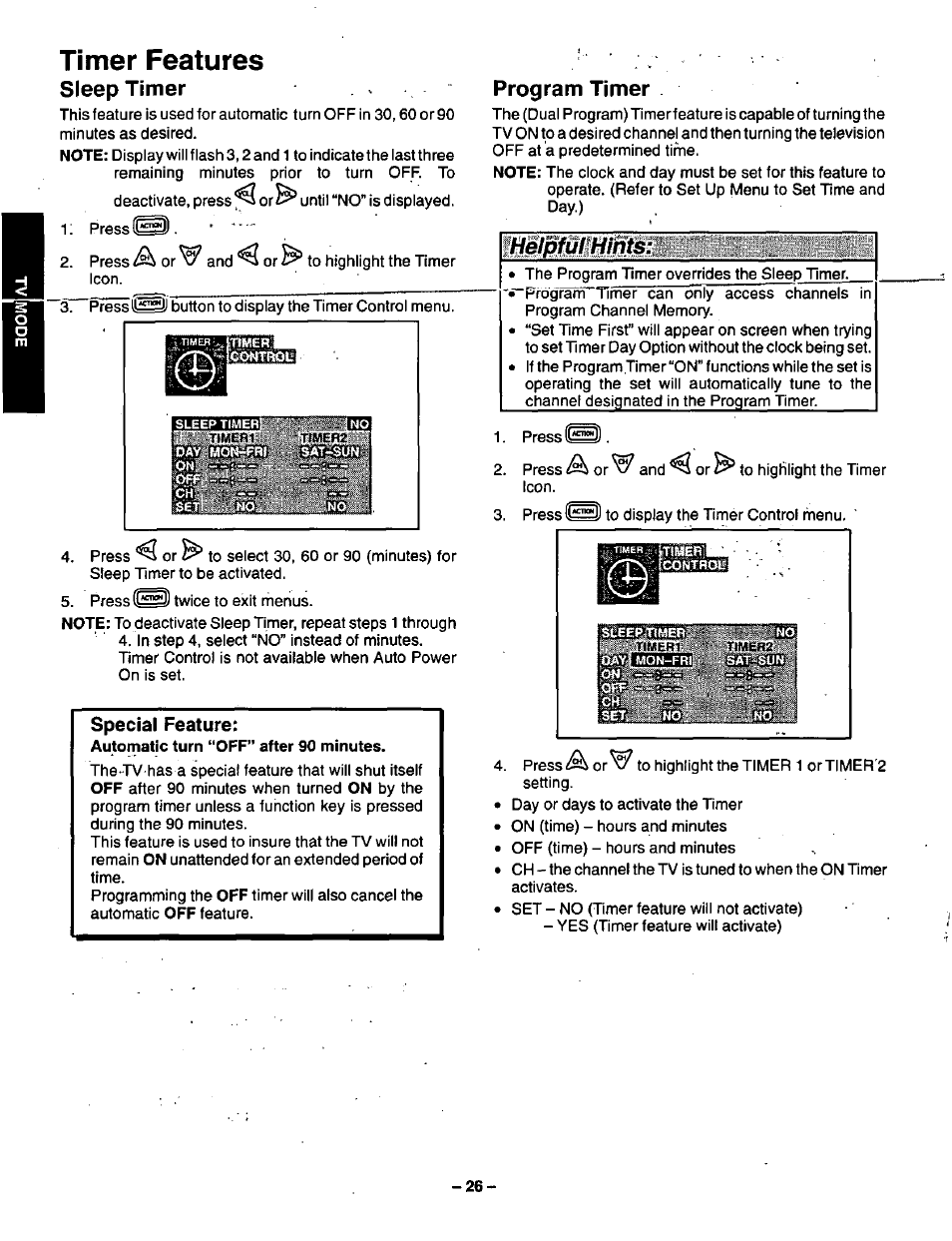 Timer features, Sleep timer, Program timer | Timer features sleep timer, Lpiuluints | Panasonic CT-36VG50 User Manual | Page 27 / 55