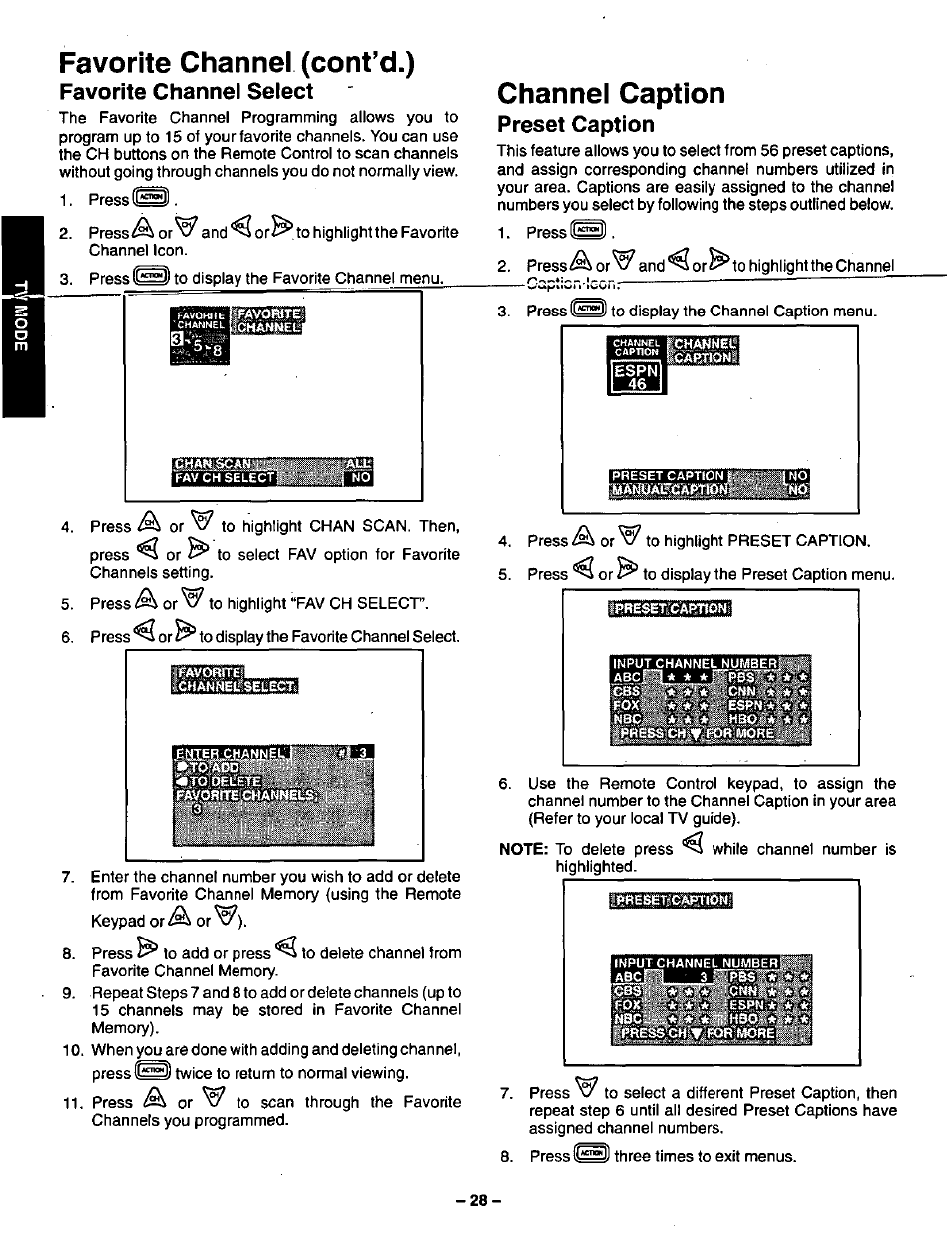 Favorite channel (cont’d.), Favorite channel select, Channel caption | Preset caption, Favorite channel (cont’d.) favorite channel select, Channel caption preset caption | Panasonic CT-36VG50 User Manual | Page 29 / 55