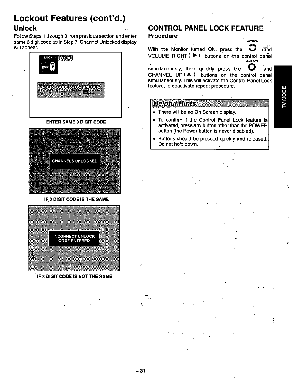 Unlock, Control panel lock feature, Lockout features (cont’d.) | Panasonic CT-36VG50 User Manual | Page 32 / 55