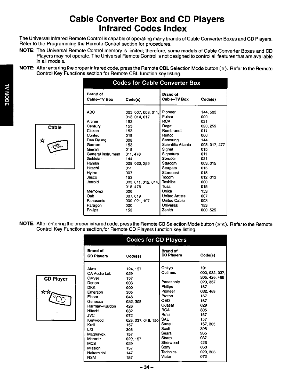 Codes for cable converter box, Codes for cd players | Panasonic CT-36VG50 User Manual | Page 35 / 55