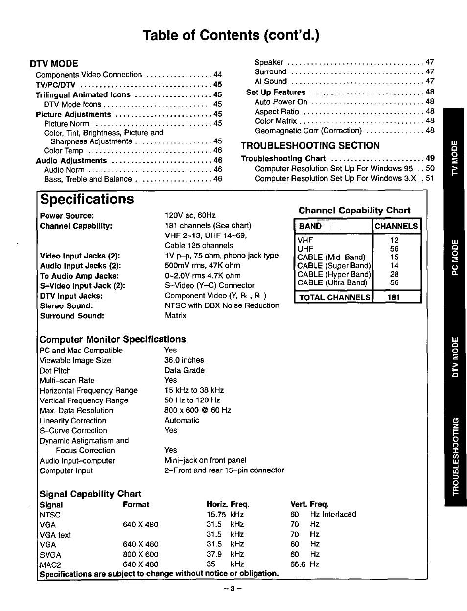 Table of contents (cont’d.), Specifications | Panasonic CT-36VG50 User Manual | Page 4 / 55