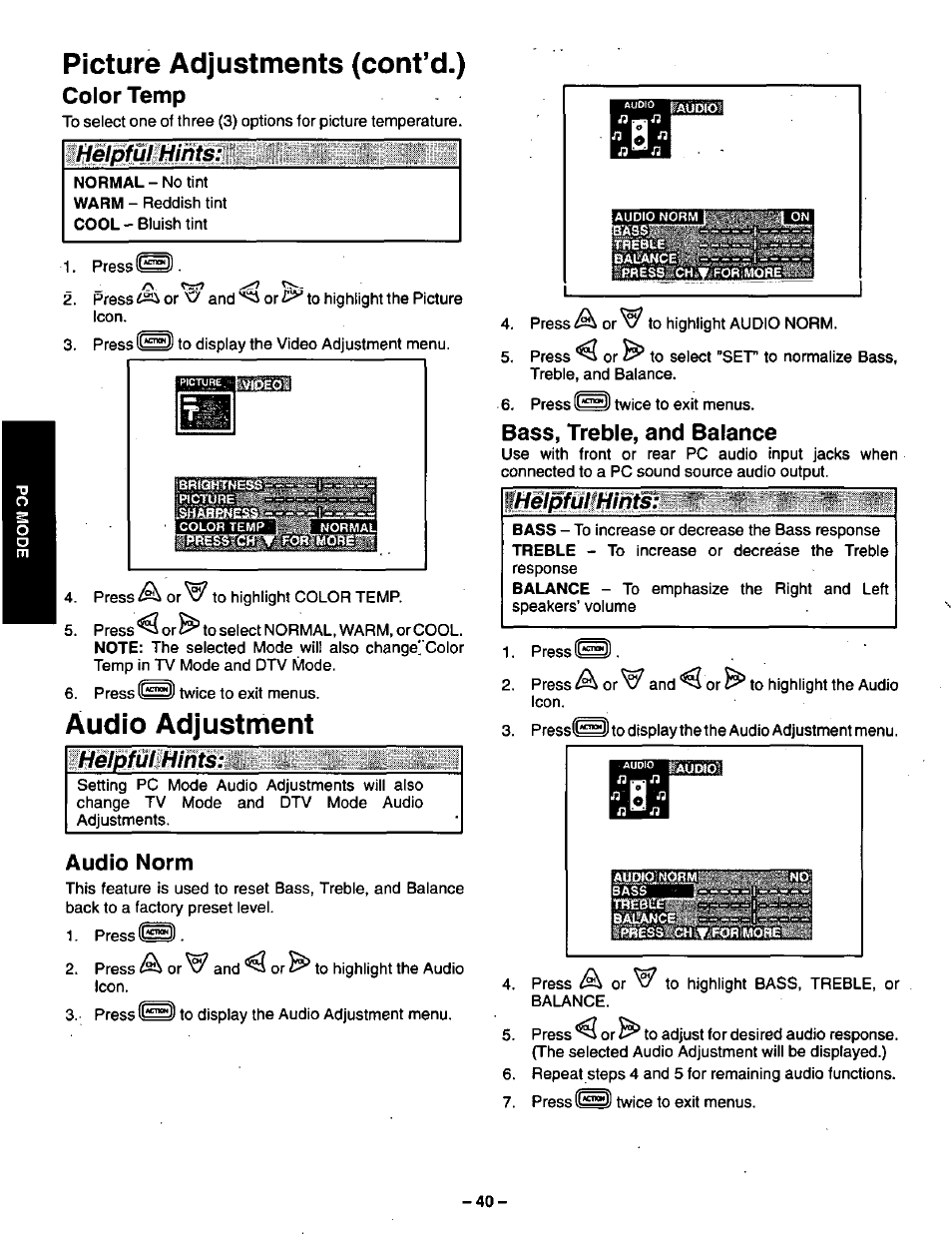 Picture adjustments (cont’d.), Color temp, Audio adjustment | Audio norm, Bass, treble, and balance, Audio adjustments, Bass, treble and balance, Picture adjustments (cont’d.) color temp, Helpful hints | Panasonic CT-36VG50 User Manual | Page 41 / 55