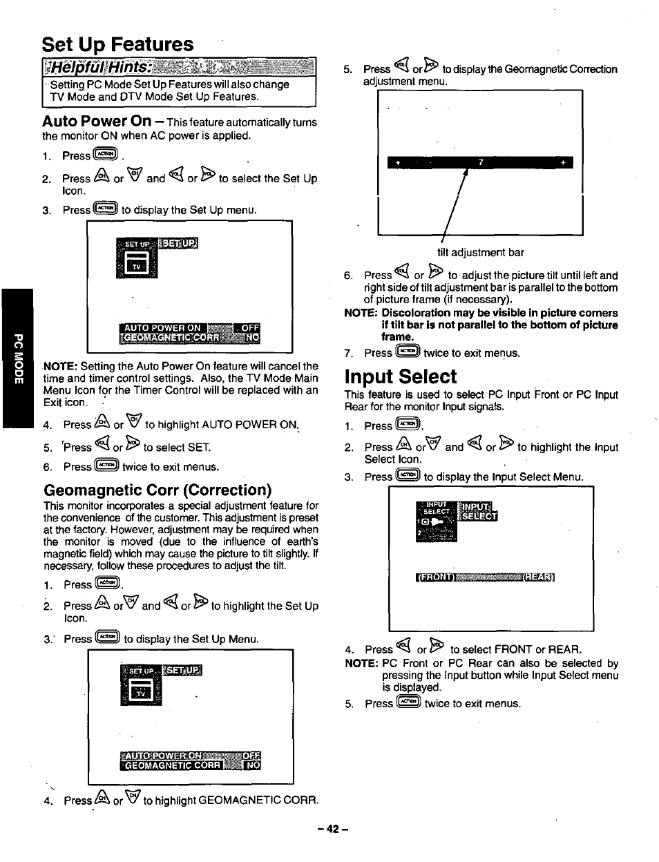 Set up features, Geomagnetic corr (correction), Input select | Auto power on | Panasonic CT-36VG50 User Manual | Page 43 / 55