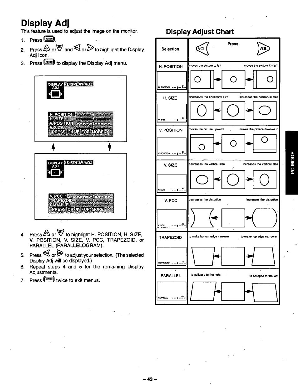 Display adj, Display adjust chart | Panasonic CT-36VG50 User Manual | Page 44 / 55