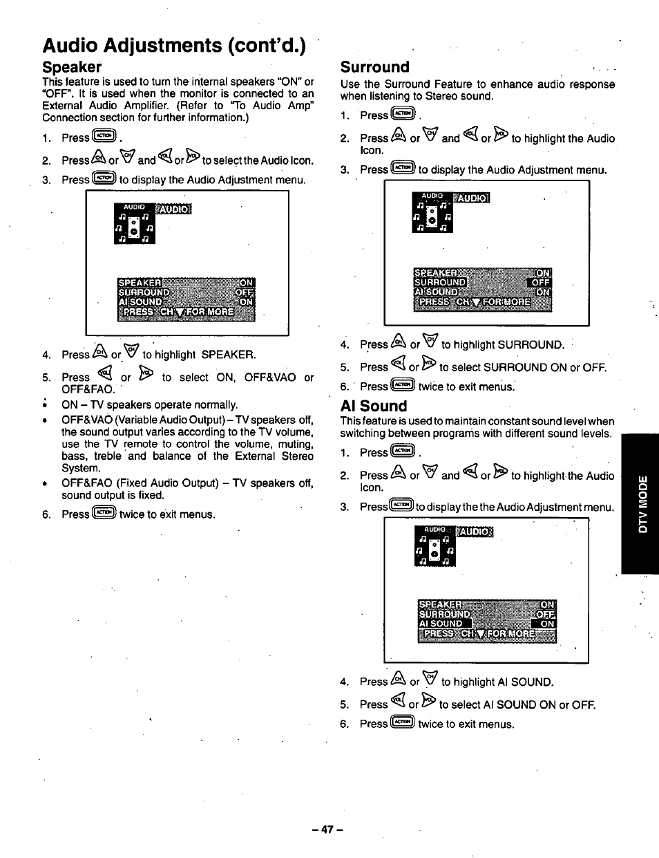 Audio adjustments (cont’d.), Speaker, Surround | Al sound, Audio adjustments (cont’d.) speaker | Panasonic CT-36VG50 User Manual | Page 48 / 55