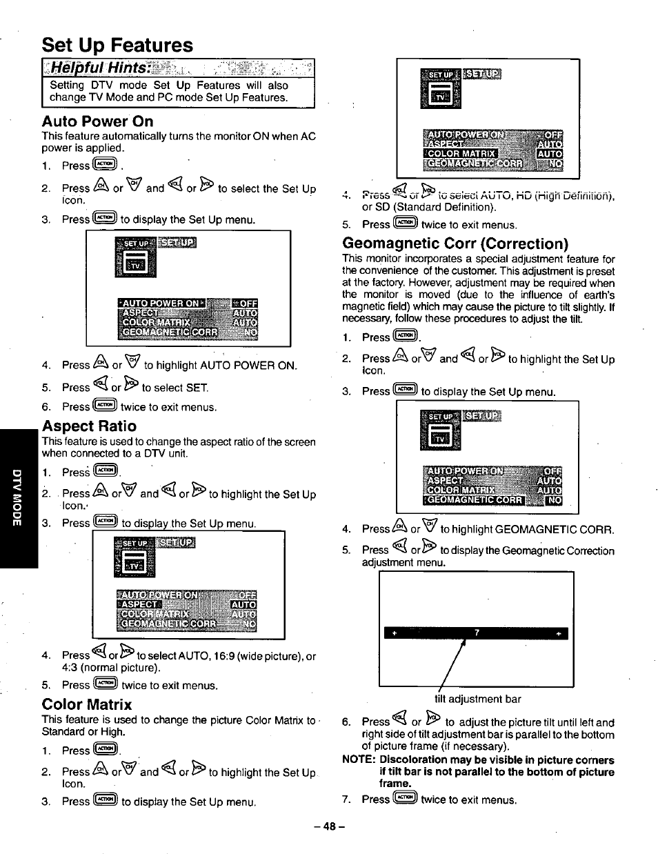 Set up features, Auto power on, Aspect ratio | Color matrix, Geomagnetic corr (correction) | Panasonic CT-36VG50 User Manual | Page 49 / 55