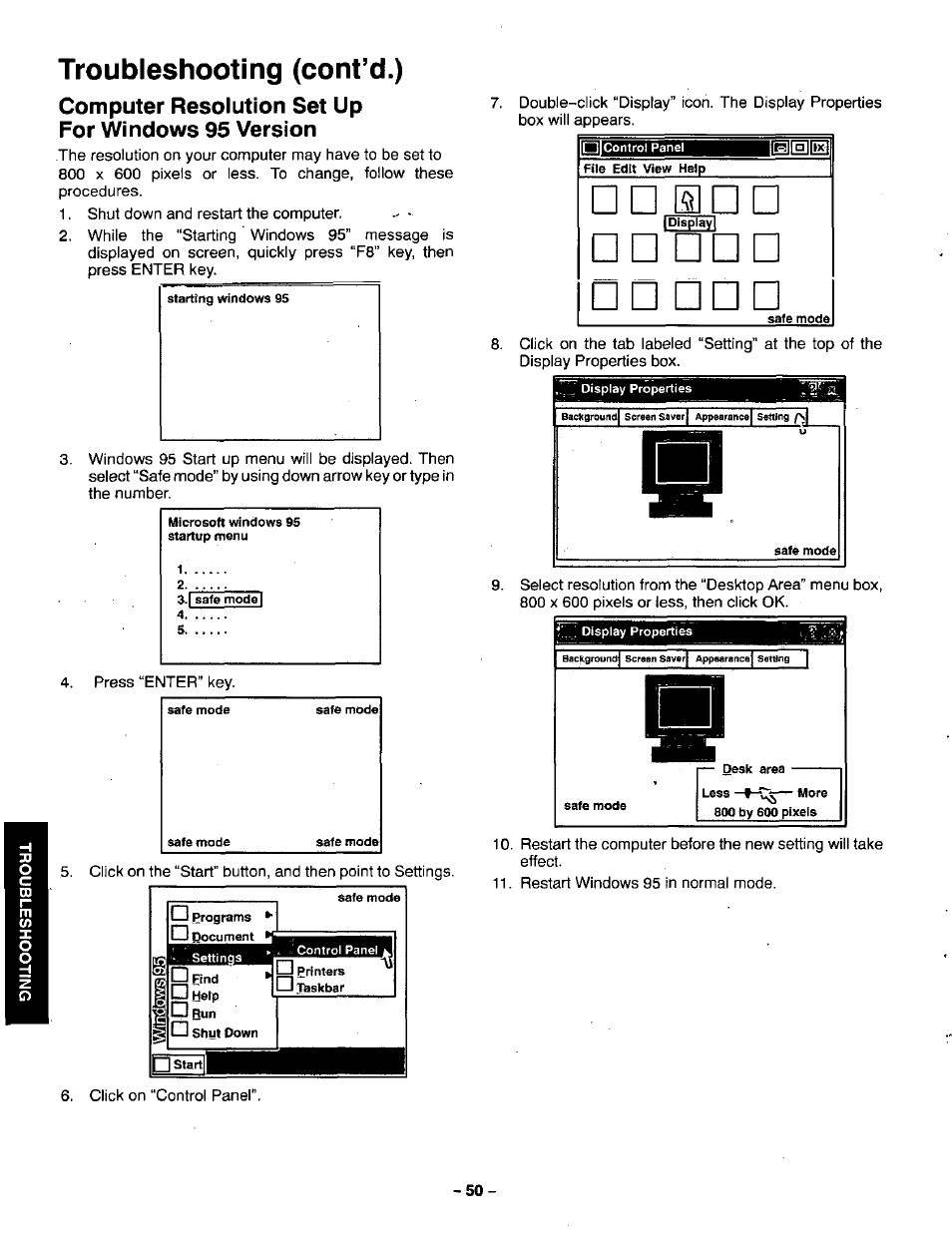 Computer resolution set up for windows 95 version, Troubleshooting (cont’d.), S i d d | Panasonic CT-36VG50 User Manual | Page 51 / 55