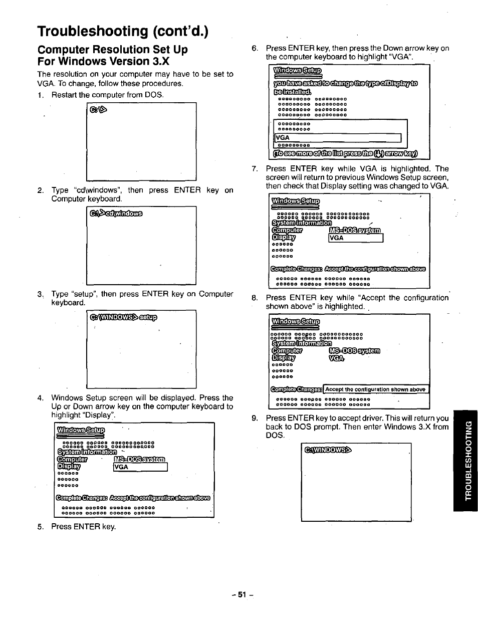 Computer resolution set up for windows version 3.x, Troubleshooting (cont’d.), E5sl3nib)i6anebtegd | Ooodoo, Press enter key. 6, Gsq2e№a, T2©43s©s5egan) | Panasonic CT-36VG50 User Manual | Page 52 / 55