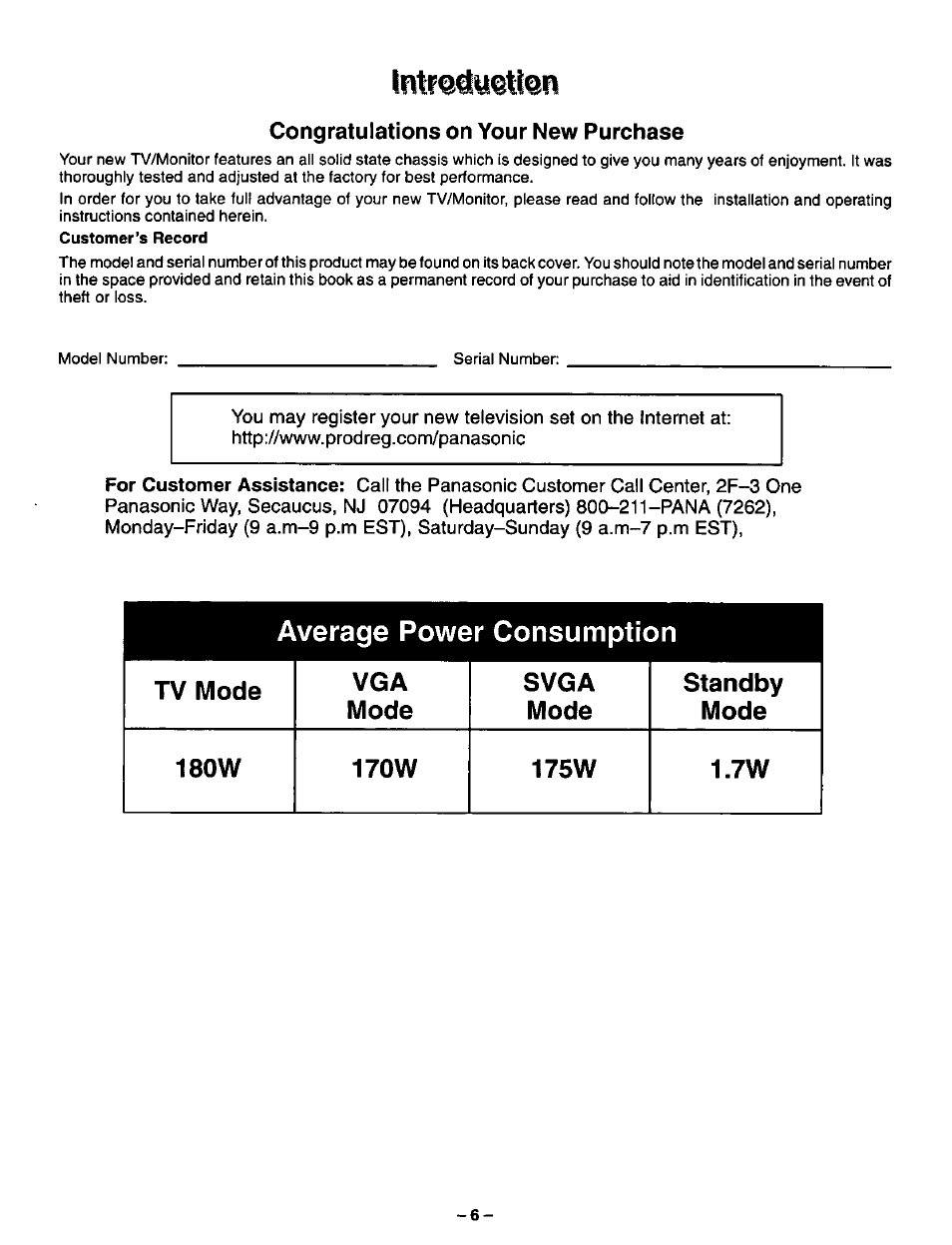 Congratulations on your new purchase, Power consumption | Panasonic CT-36VG50 User Manual | Page 7 / 55