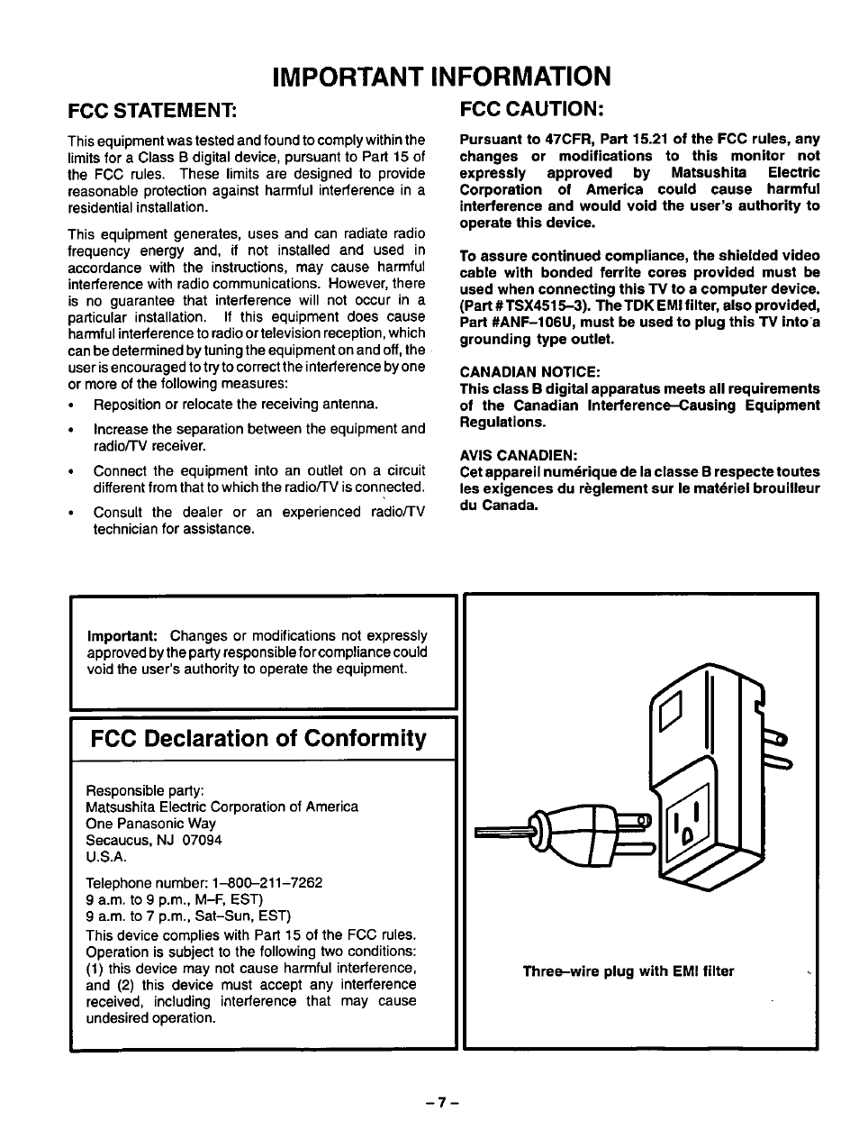 Important information, Fcc caution, Fcc declaration of conformity | Fcc statement: important information fcc caution | Panasonic CT-36VG50 User Manual | Page 8 / 55
