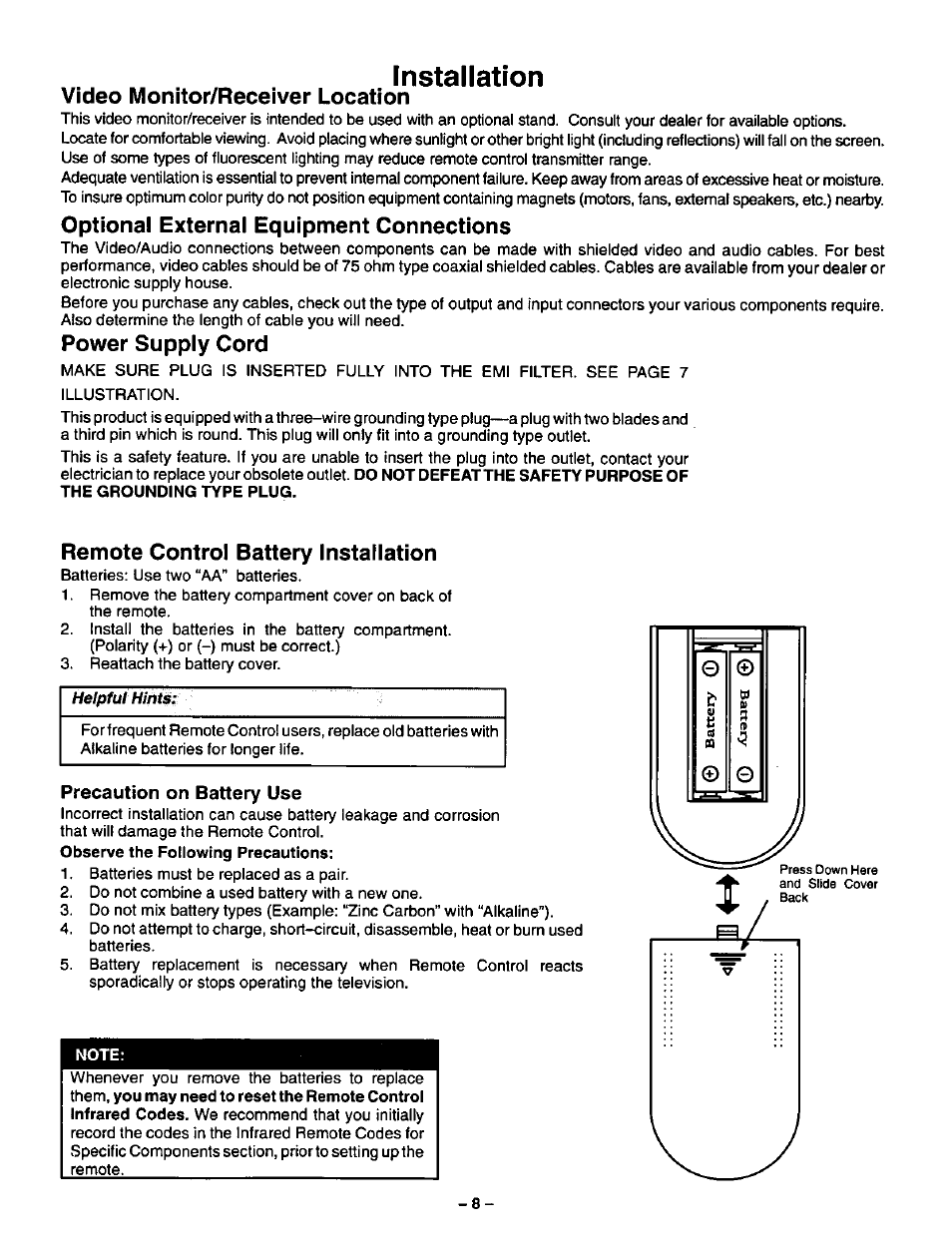Installation, Video monitor/receiver location, Optional external equipment connections | Power supply cord, Remote control battery installation, Installation video monitor/receiver location | Panasonic CT-36VG50 User Manual | Page 9 / 55