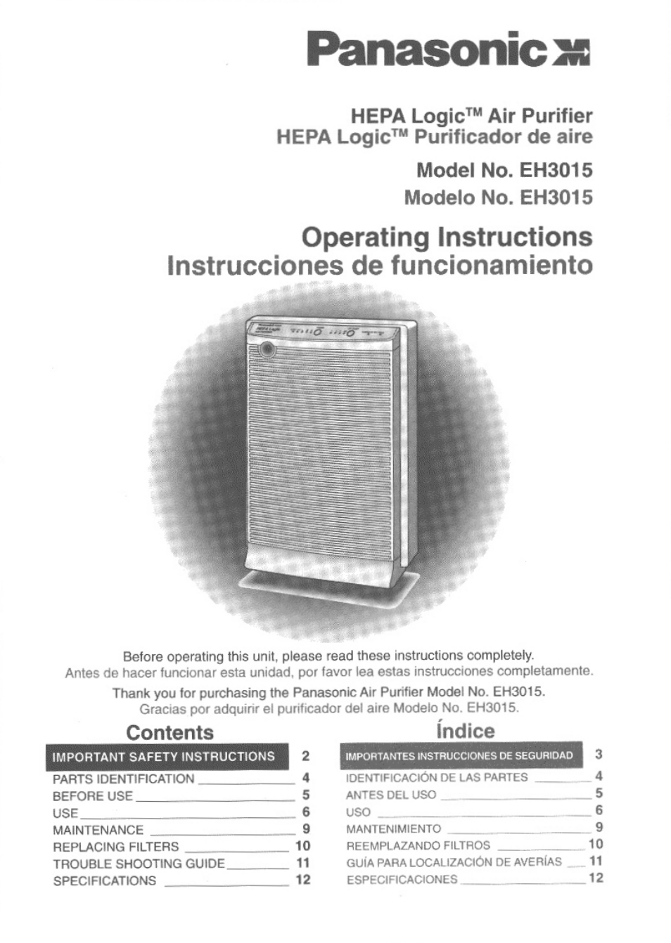 Panasonic HEPA LOGIC EH3015 User Manual | 12 pages