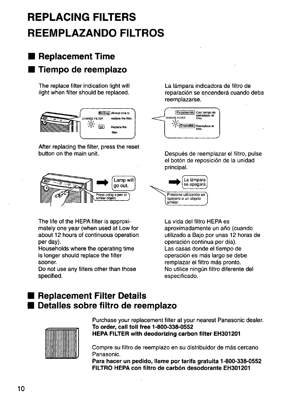 Replacement time tiempo de reemplazo, Replacing filters reemplazando filtros | Panasonic HEPA LOGIC EH3015 User Manual | Page 10 / 12