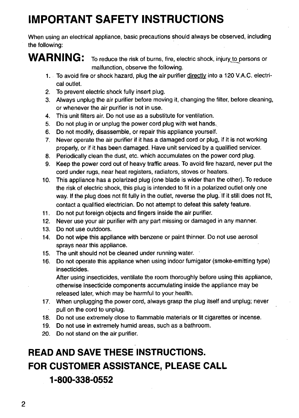 Read and save these instructions, Important safety instructions, Warning | Panasonic HEPA LOGIC EH3015 User Manual | Page 2 / 12