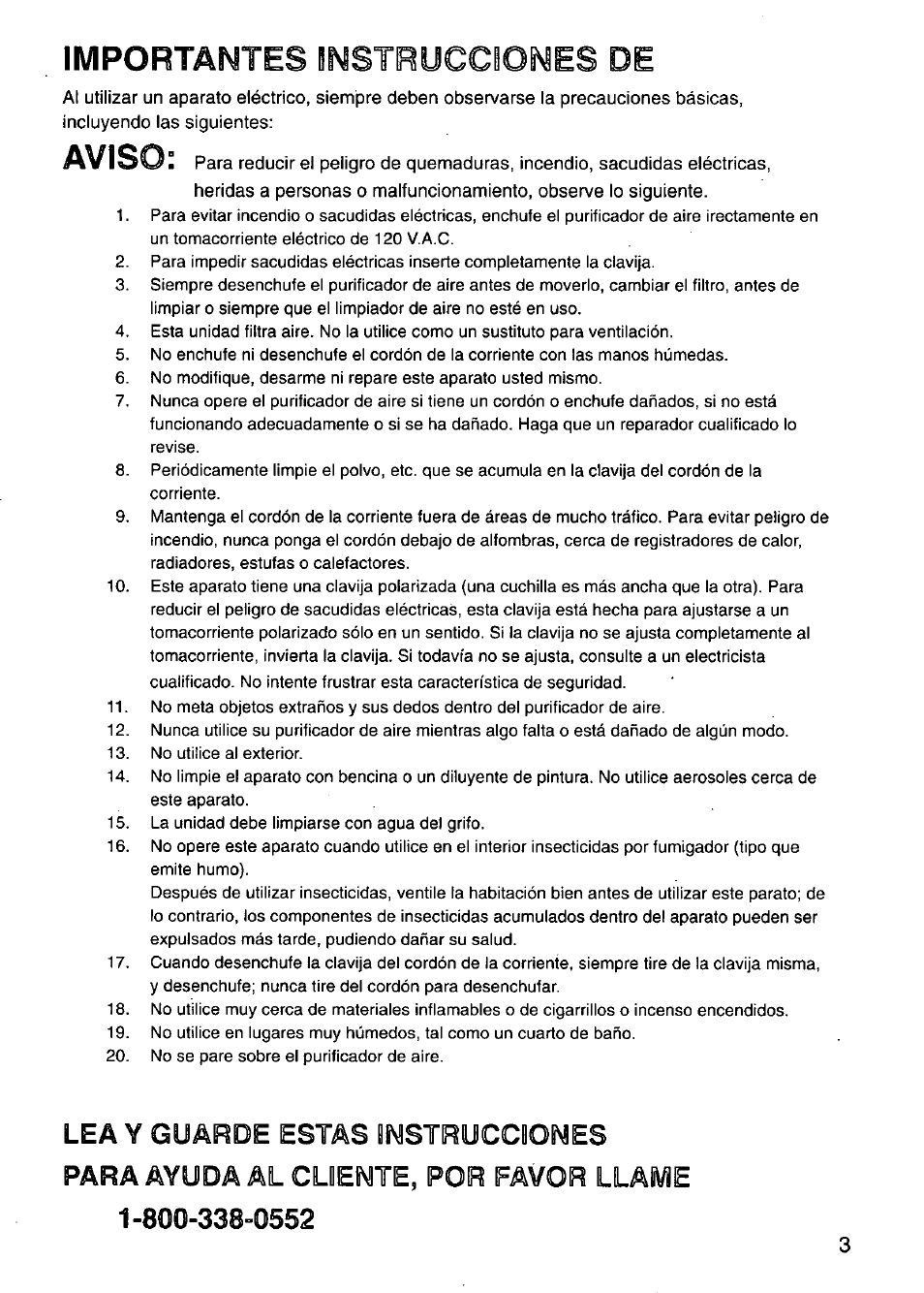 Aviso, Importaisites bnstruccioísies de | Panasonic HEPA LOGIC EH3015 User Manual | Page 3 / 12