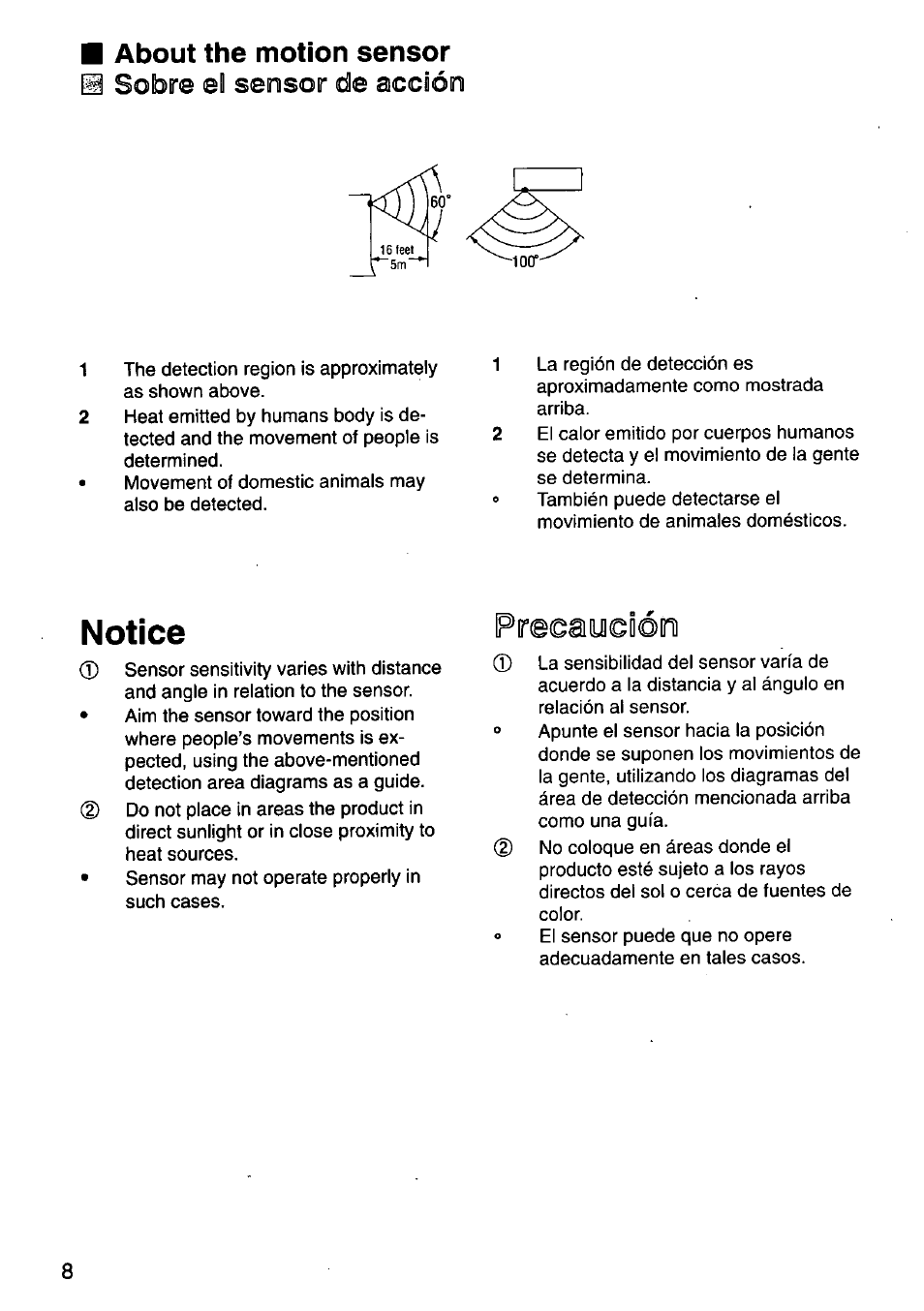 About the motion sensor, Notice, Sobre el sensor de acción | Panasonic HEPA LOGIC EH3015 User Manual | Page 8 / 12