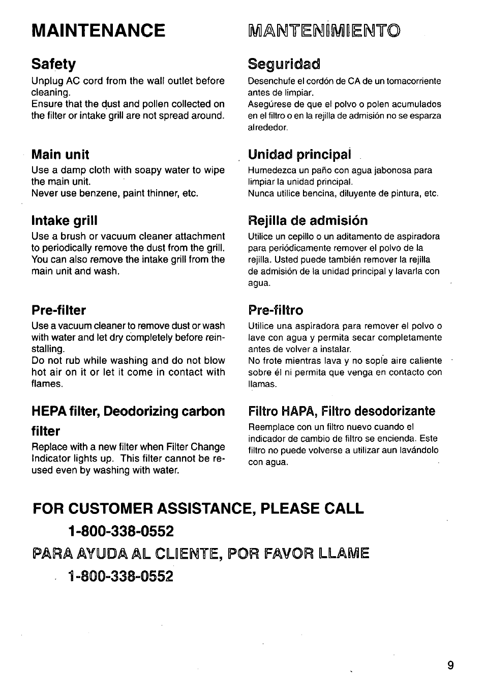 Safety, Maintenance, Amtew0mdent | Seguridad, Para ayuda al cuente, por favor llame 1, Main unit, Intake grill, Pre-filter, Hepa filter, deodorizing carbon filter, Unidad principal | Panasonic HEPA LOGIC EH3015 User Manual | Page 9 / 12