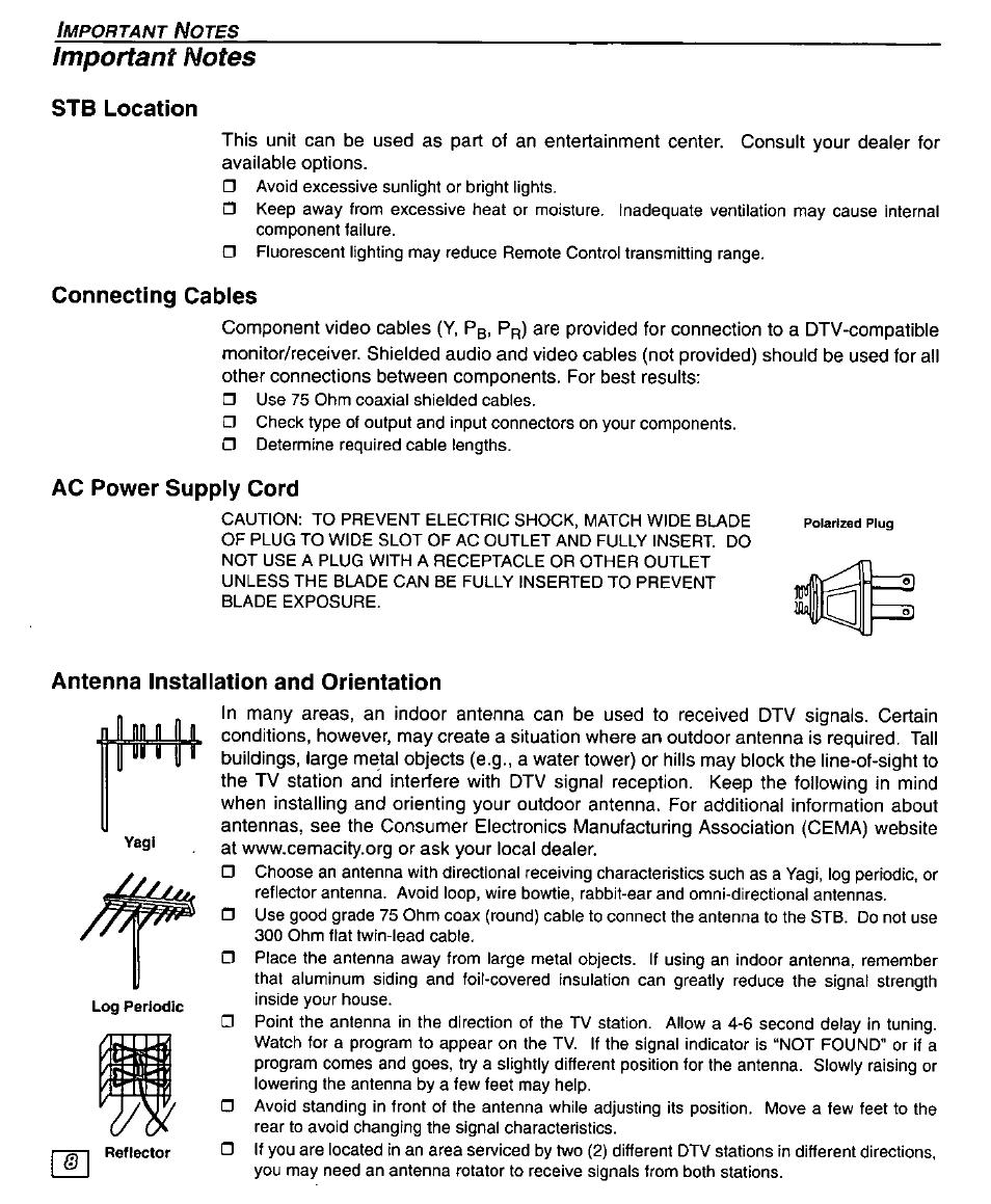 Important notes, Stb location, Connecting cables | Ac power supply cord, Antenna installation and orientation | Panasonic TU-DST50 User Manual | Page 10 / 58