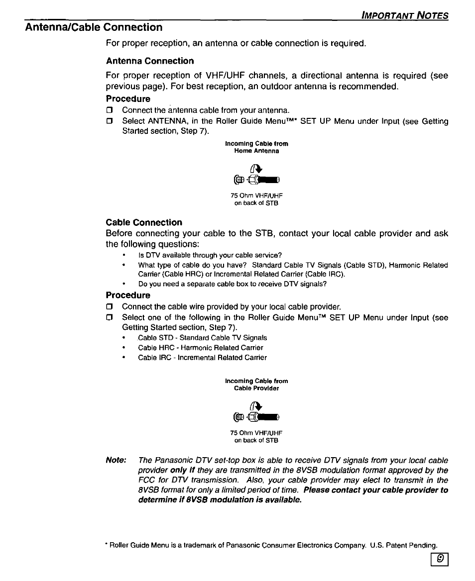 Antenna/cable connection, Antenna connection, Procedure | Cable connection | Panasonic TU-DST50 User Manual | Page 11 / 58