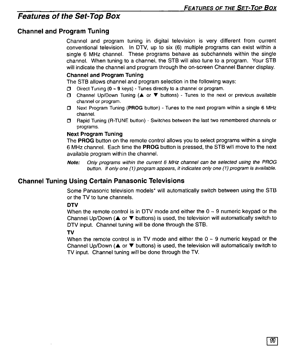 Features of the set-top box, Channel and program tuning, Channel tuning using certain panasonic televisions | Panasonic TU-DST50 User Manual | Page 13 / 58