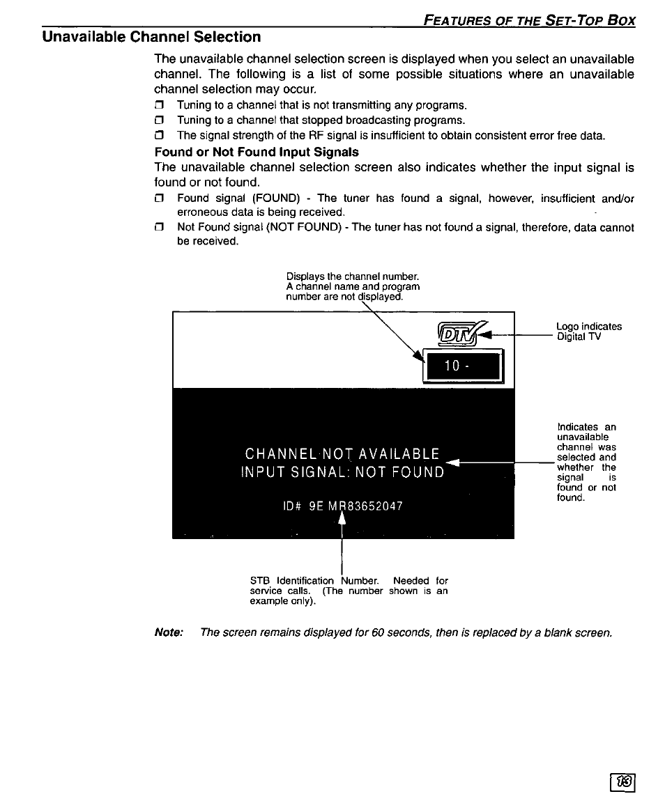 Unavailable channel selection, Found or not found input signals | Panasonic TU-DST50 User Manual | Page 15 / 58