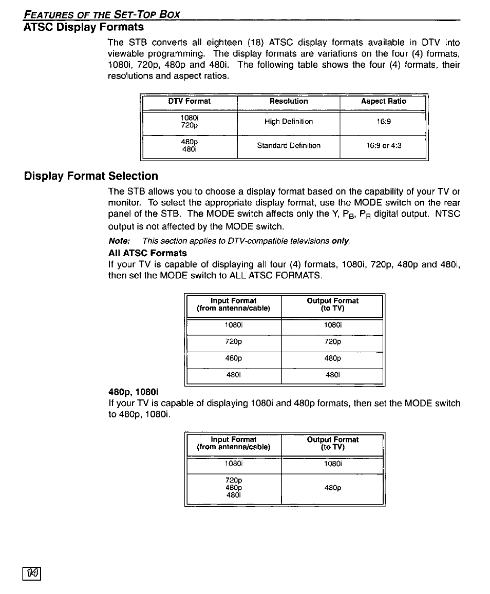 Atsc display formats, Display format selection, 480p, 10801 | Atsc display formats display format selection | Panasonic TU-DST50 User Manual | Page 16 / 58