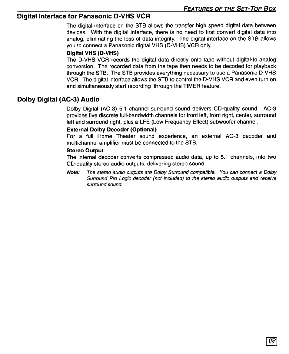 Digital interface for panasonic d-vhs vcr, Dolby digital (ac-3) audio | Panasonic TU-DST50 User Manual | Page 19 / 58
