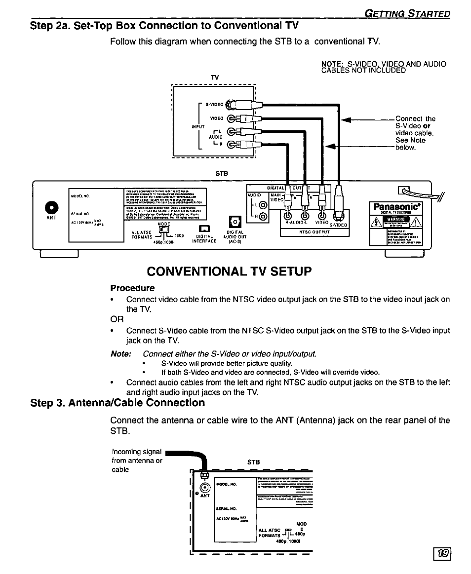 Step 2a. set-top box connection to conventional tv, Conventional tv setup, Procedure | Step 3. antenna/cable connection, Conventional tv | Panasonic TU-DST50 User Manual | Page 21 / 58
