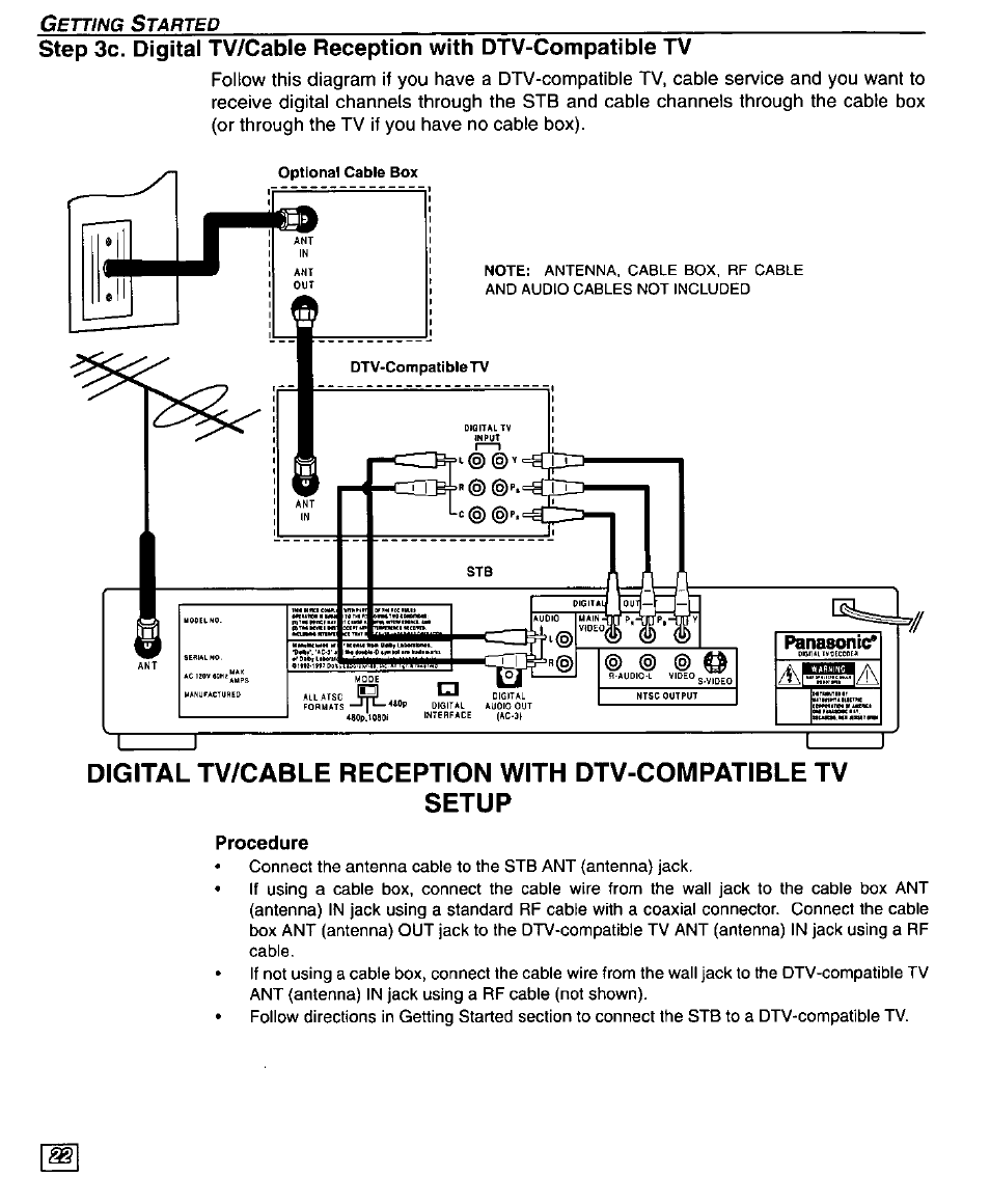 Panasonic, Digital tv/cable reception with dtv-compatible tv, Setup | Procedure | Panasonic TU-DST50 User Manual | Page 24 / 58