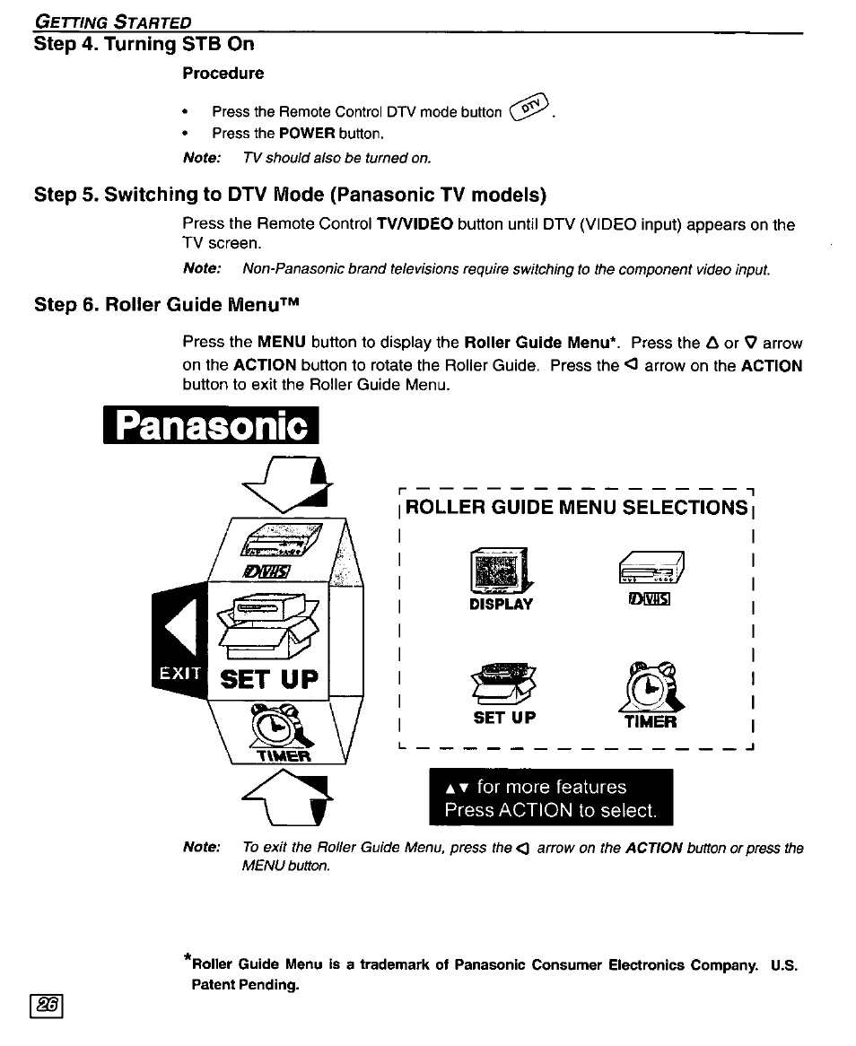 Step 4. turning stb on, Step 6. roller guide menu, Roller guide menu selections | Panasonic | Panasonic TU-DST50 User Manual | Page 28 / 58