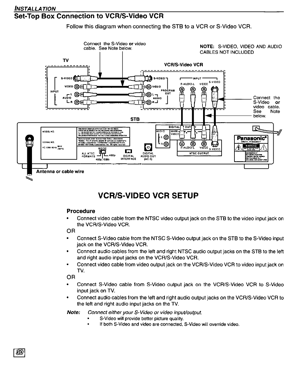 Set-top box connection to vcr/s-video vcr, Vcr/s-video vcr setup, Set-top box connection to vcr/s-vtdeo vcr | Panasonic TU-DST50 User Manual | Page 32 / 58
