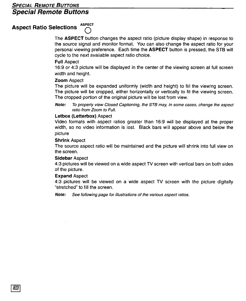 Special remote buttons, Aspect ratio selections | Panasonic TU-DST50 User Manual | Page 38 / 58